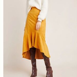 Maeve by Anthropologie Cosima Flounced 70's Faux Suede Midi Skirt Gold Size 6